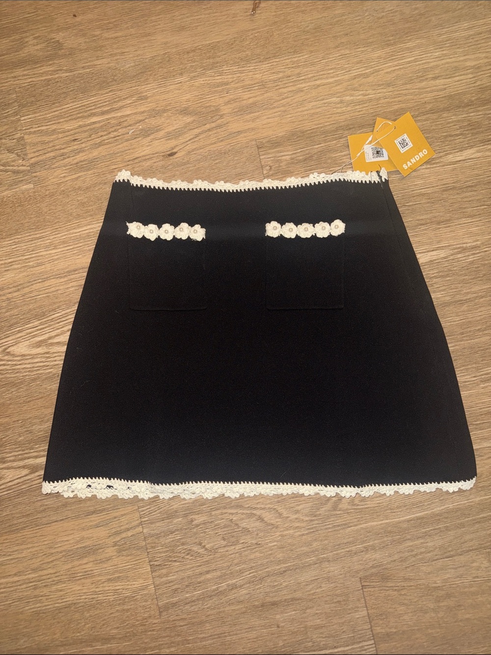 Sandro Black Mini Skirt with Cream Lace Trim